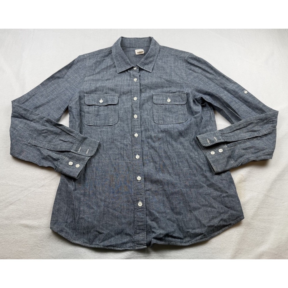 J.Crew The Perfect Shirt Size L Blue Chambray Cotton Button Down Roll Tab Sleeve